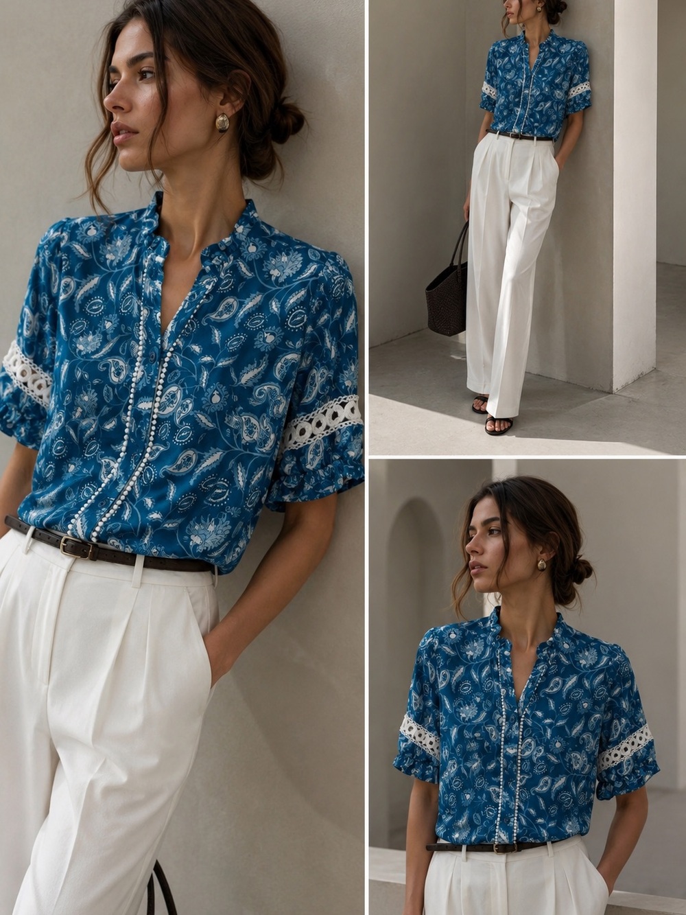 🦋Grace Karin Blue Paisley Lace Trim Ruffle Sleeve Blouse Size L